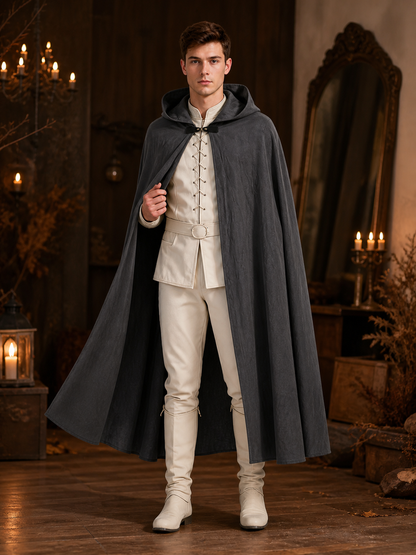 Adult Fantasy Hooded Cape, Long Dark Gray Cloak With Front Tie Closure, Wide on-model view