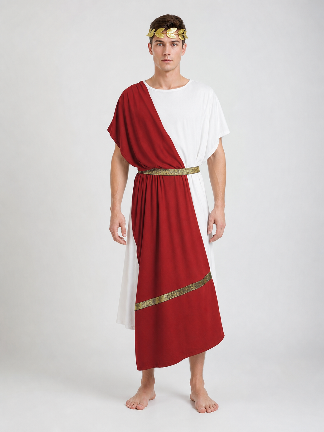 Men's Ancient Greek Costume, Red And White Draped Tunic With Gold Belt And Laurel Headpiece For Cosplay, Stage Events