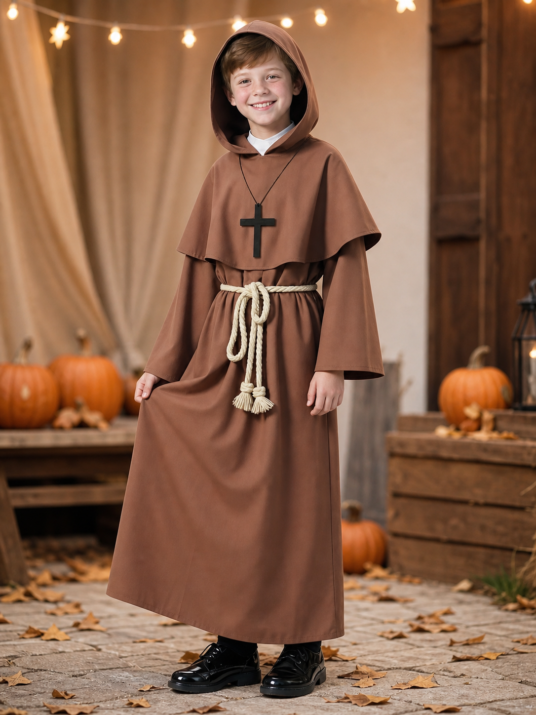 Brown hooded costume with cross