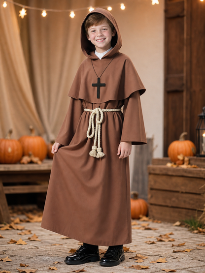 Brown hooded costume with cross