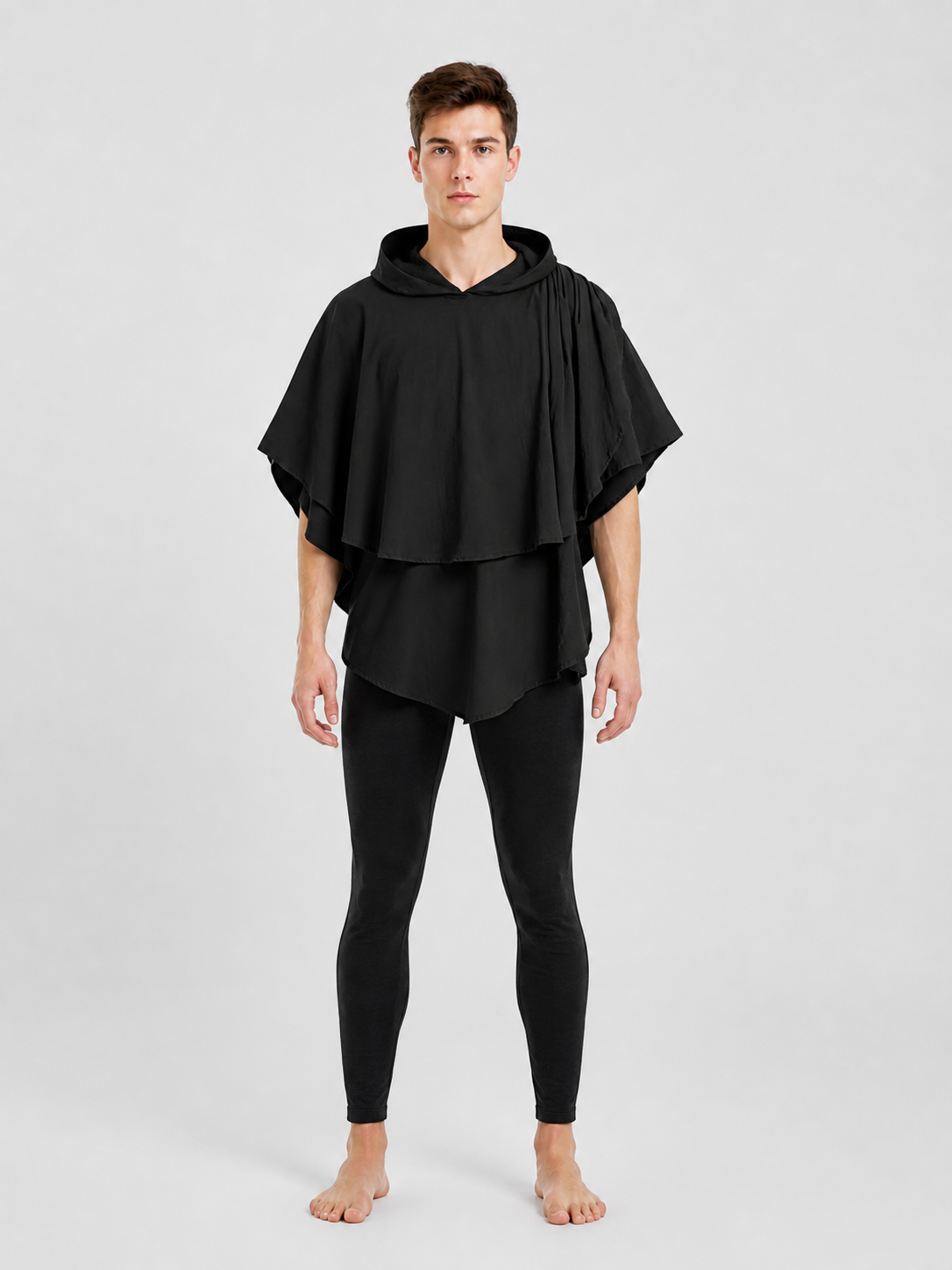 Women's Gothic Hooded Cape Cloak for Halloween Cosplay, Black Flowing Draped on-model view