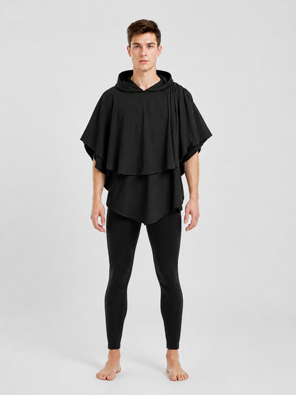 Women's Gothic Hooded Cape Cloak for Halloween Cosplay, Black Flowing Draped on-model view