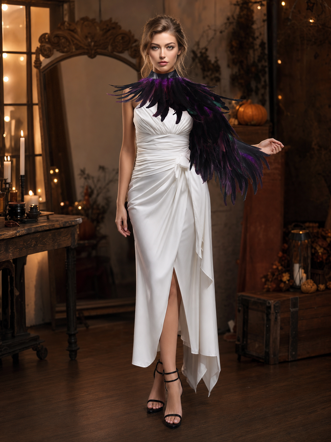 Purple Black Feather Cape Asymmetric One Shoulder Draped Cape Multi-Layer on-model view