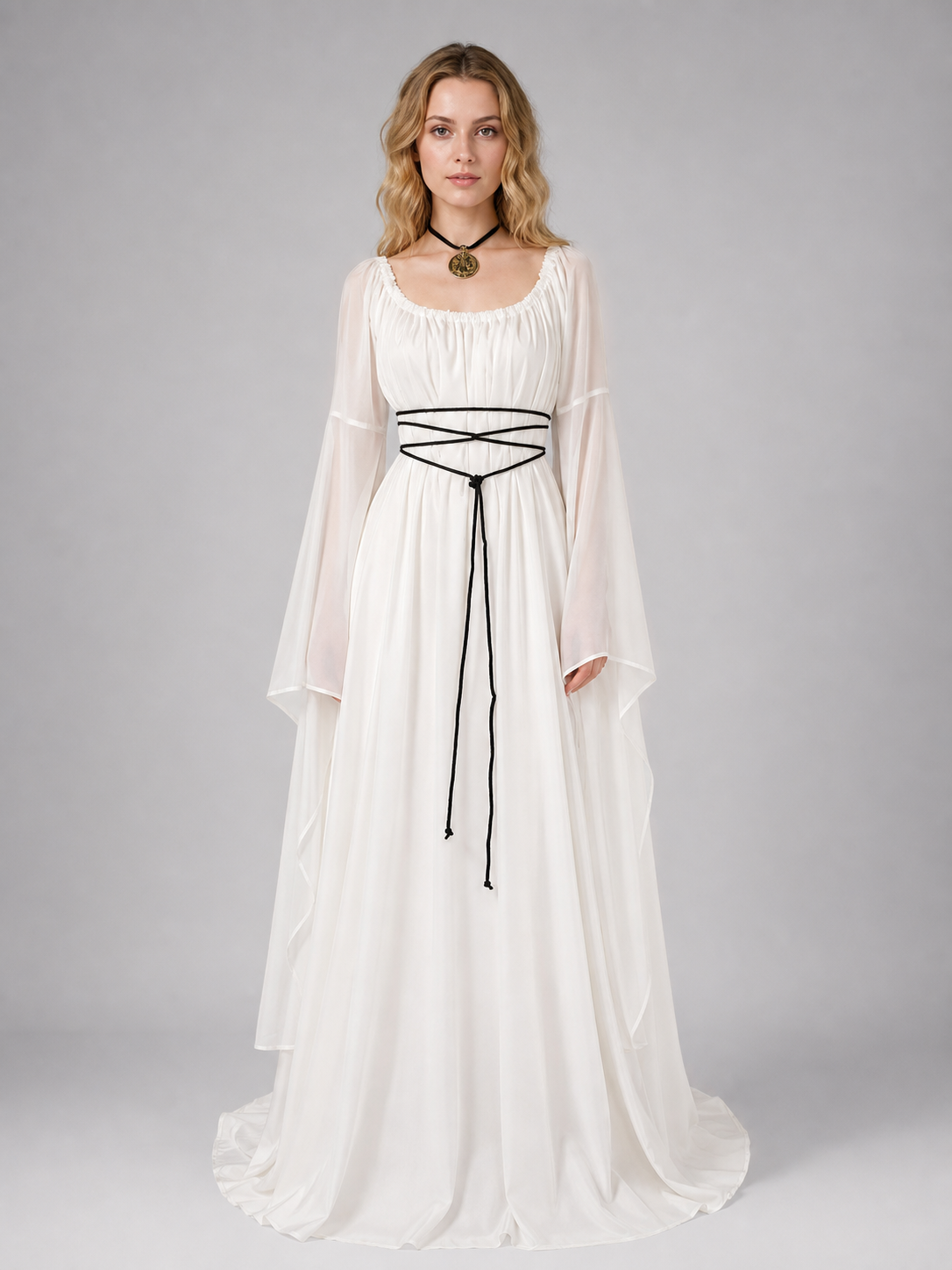 Long White Dress with Flared Sleeves and Lacing