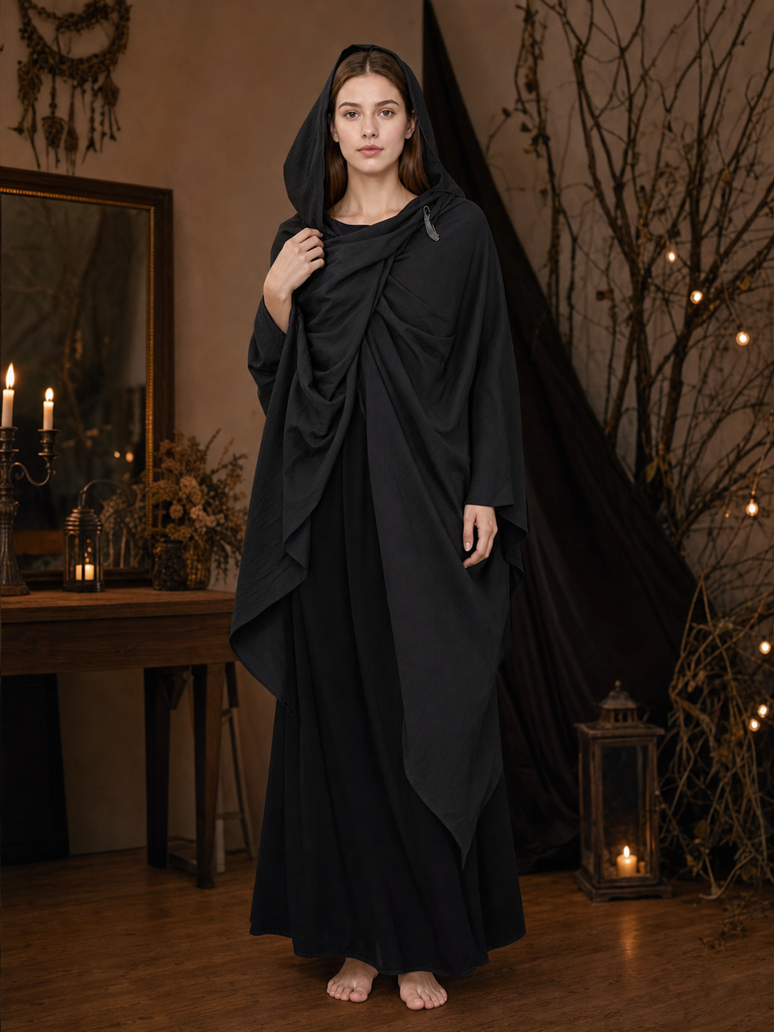 Black Hooded Carnival Cape, Loose Fit on-model view