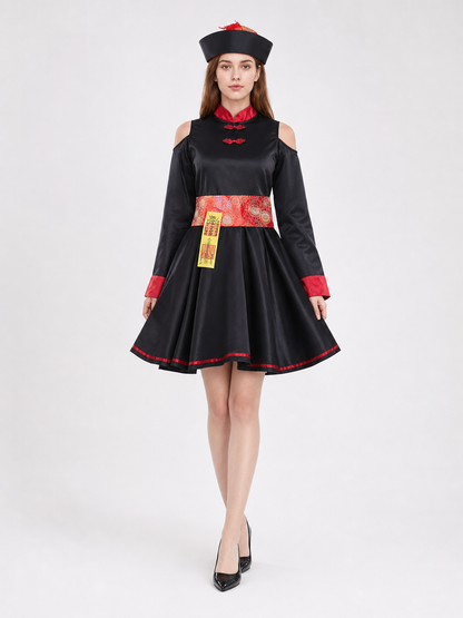 This costume dress is designed for striking theatrical looks and is suitable for cosplay, costume parties, themed performances, and photo shoots. The model follows a traditional Chinese style with expressive decorative details. The main col
