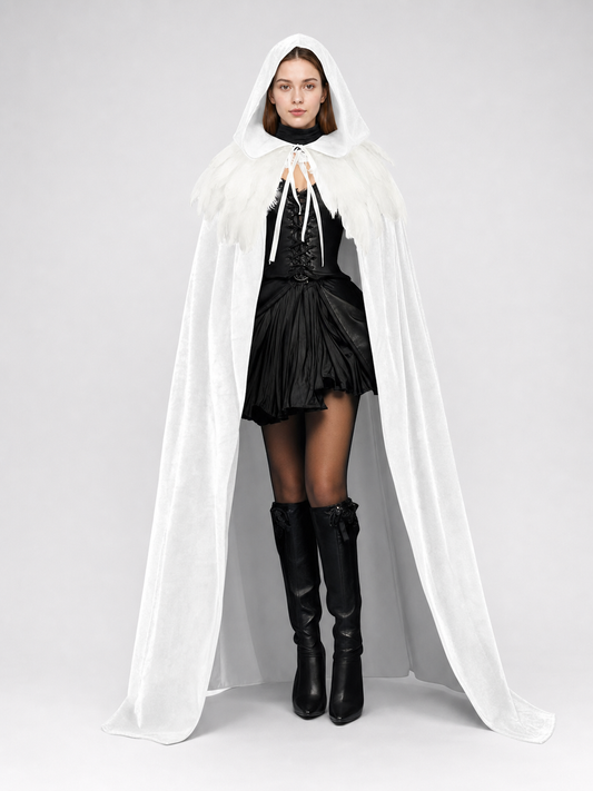 Velvet Hooded Feather Cape with Ties on-model view