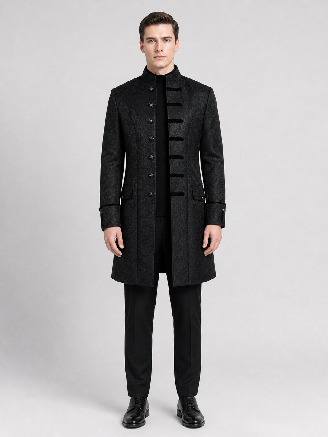 Long Black Jacquard Coat with Stand Collar