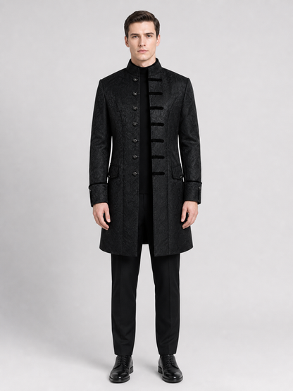 Long Black Jacquard Coat with Stand Collar