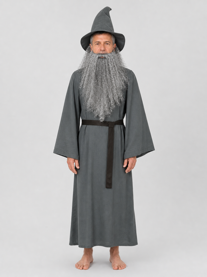 Adult Halloween Wizard Costume Set - 5Pcs Long Sleeve Robe, Curved Hat, Belt on-model view