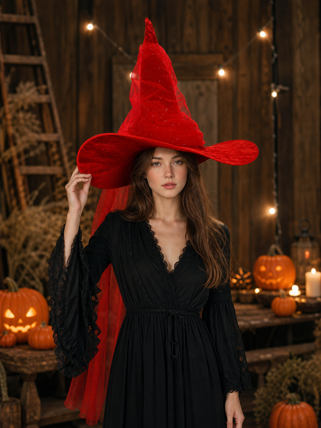 1pc Red Halloween Witch Hat with Very Tall Pointed Crown, Extra-Wide Floppy Brim and Sheer Glitter-Speckled Overlay for Cosplay Parties