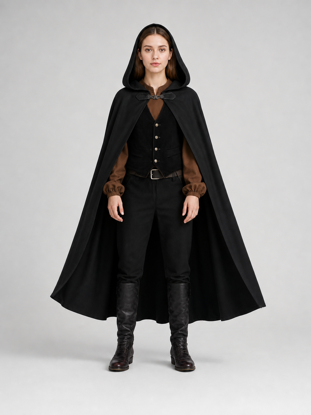 Long black hooded carnival cloak