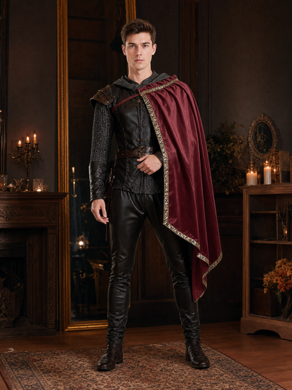 Burgundy velvet-look hooded costume cape product view 33