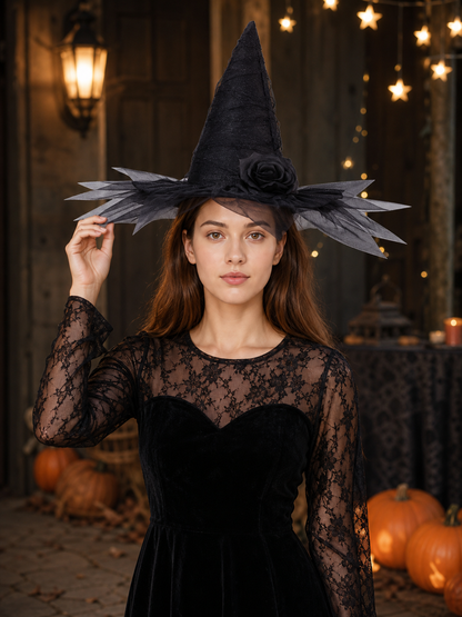 Black Halloween Witch Hat with Black Rose, Tall Pointed Wide Brim Mesh Costume Hat for Gothic Parties and Decorations