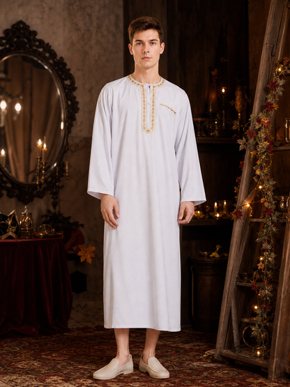 Men's White Traditional Islamic Robe with Gold-Toned Embroidered Trim, Long Sleeves, Collarless Neckline for Prayer and Formal Occasions