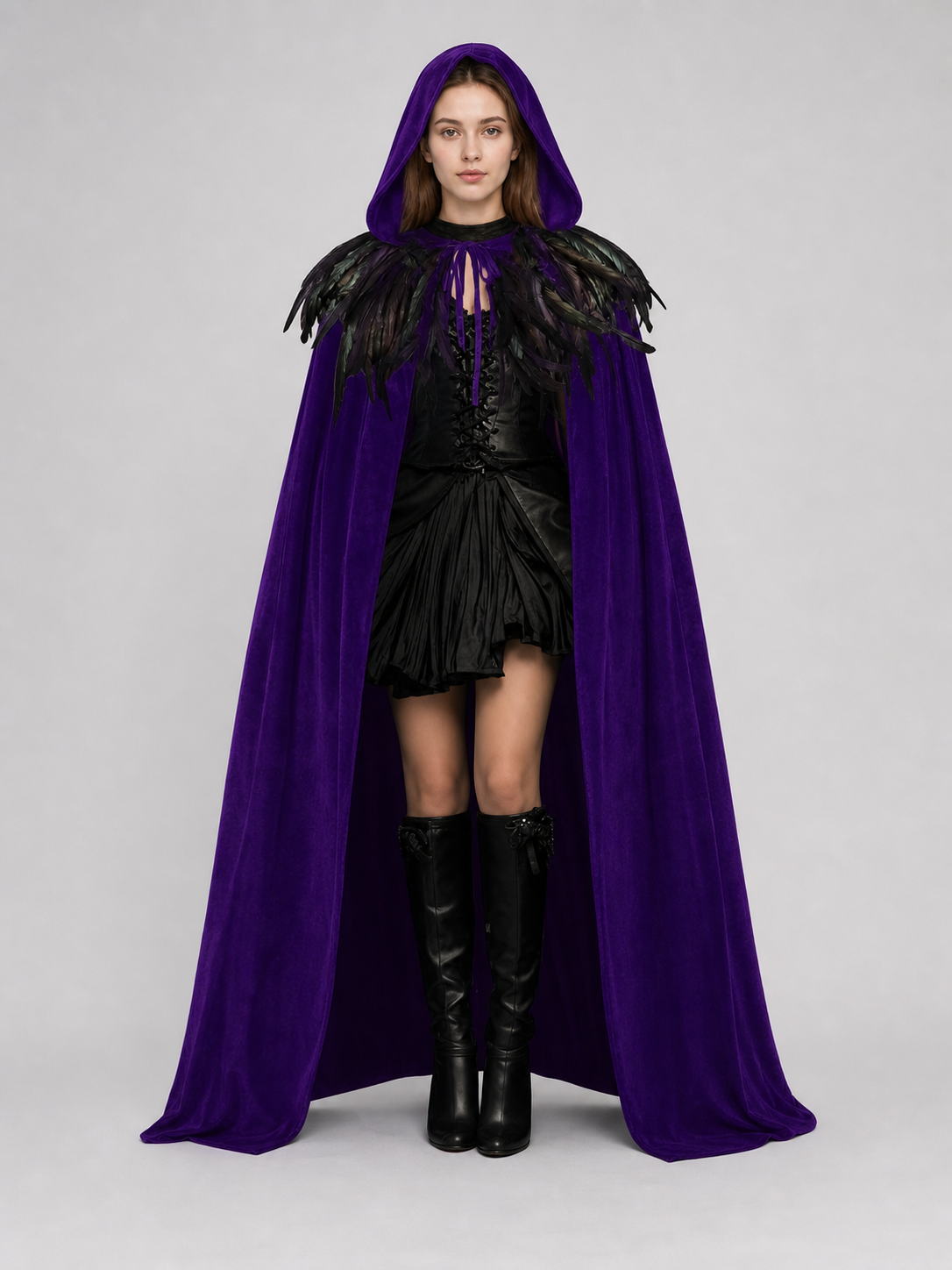 Purple Velvety Hooded Cape with Feathers