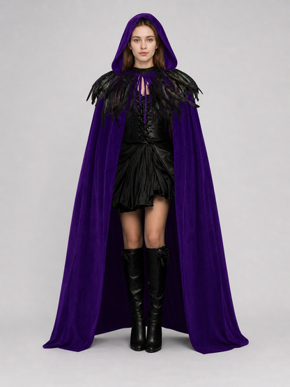 Purple Velvety Hooded Cape with Feathers