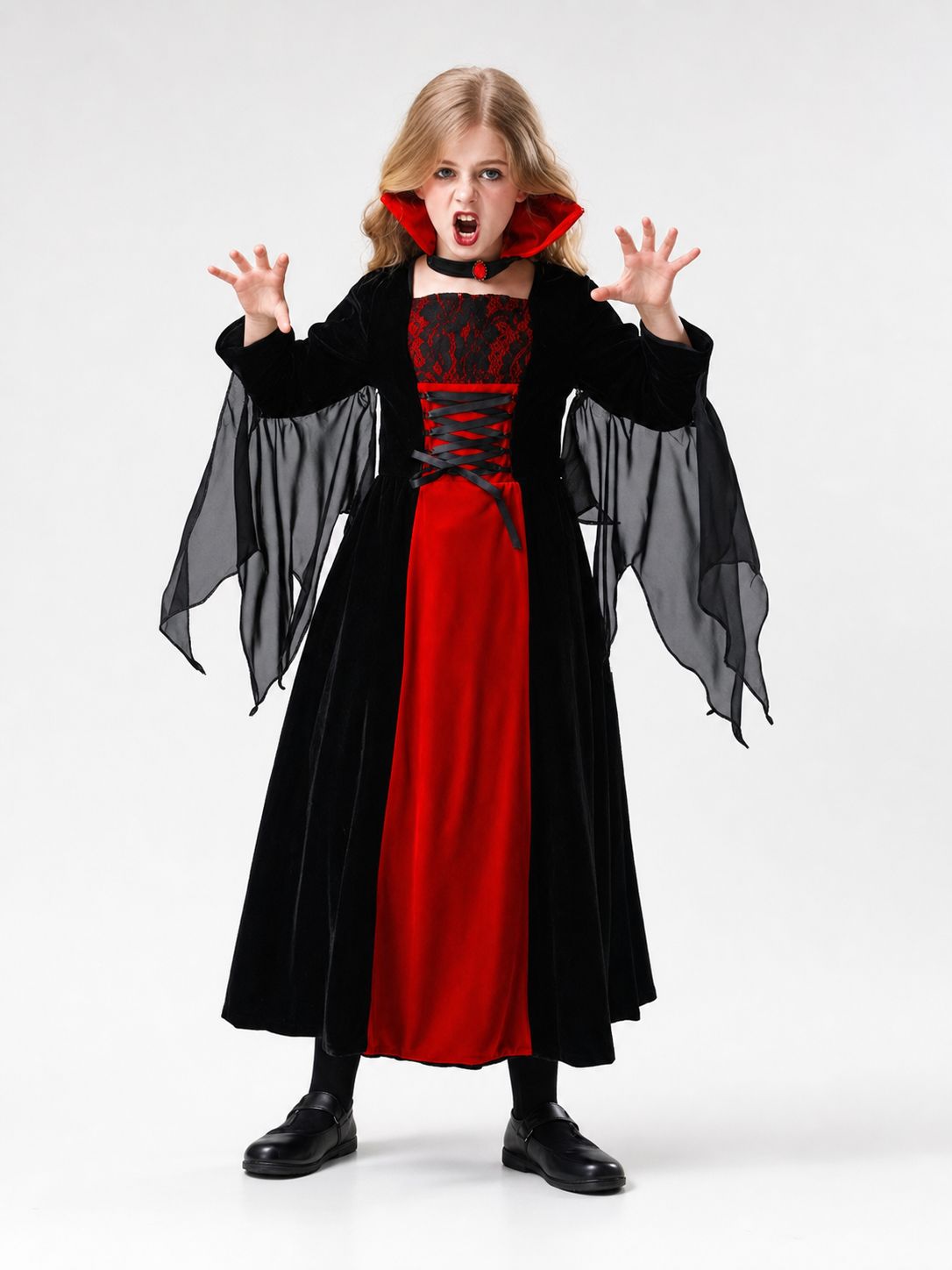 Halloween vampire costume with long dress and cape