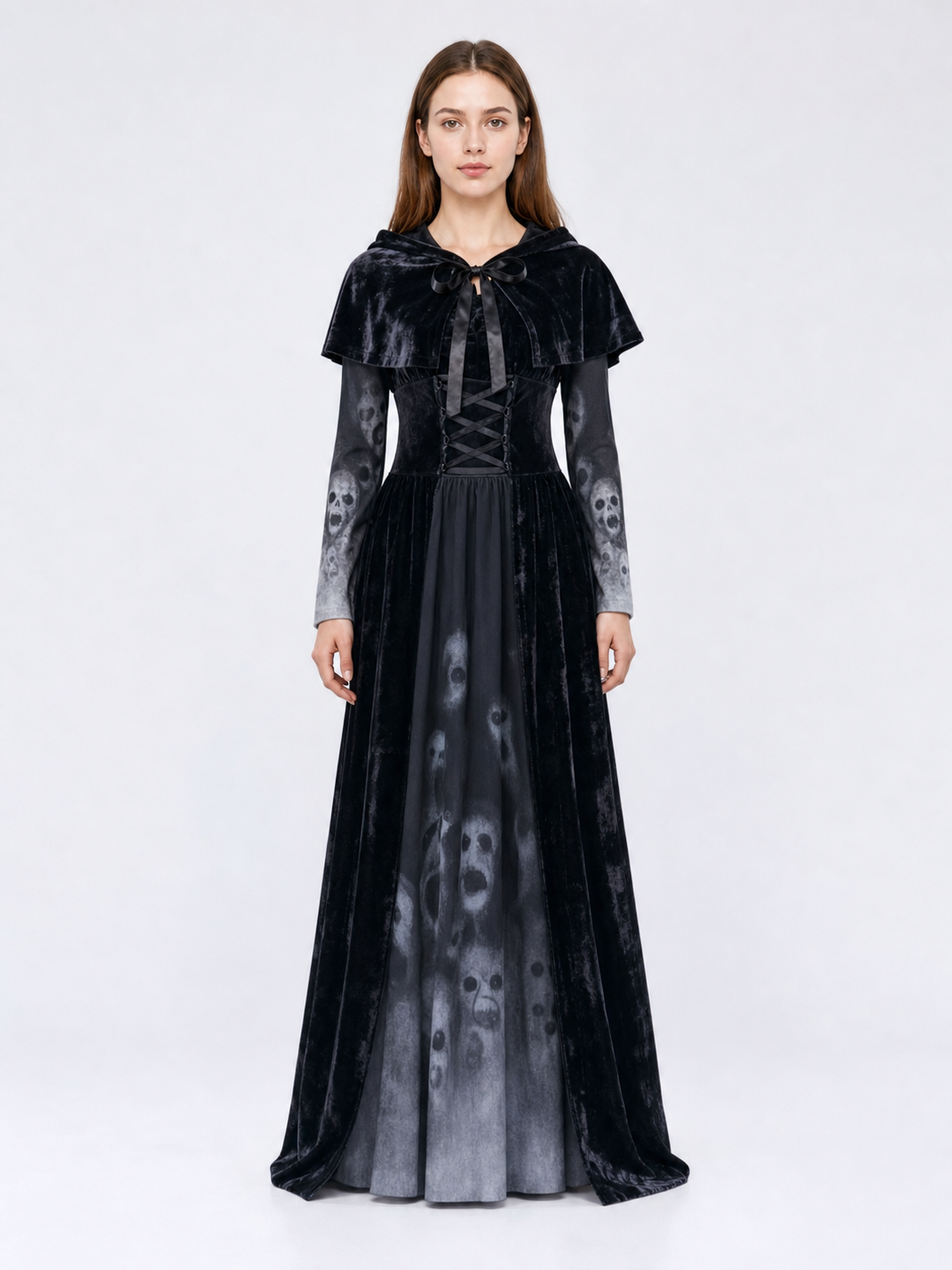 Gothic Hooded Floor-Length Dress with Skull Print on-model view 2
