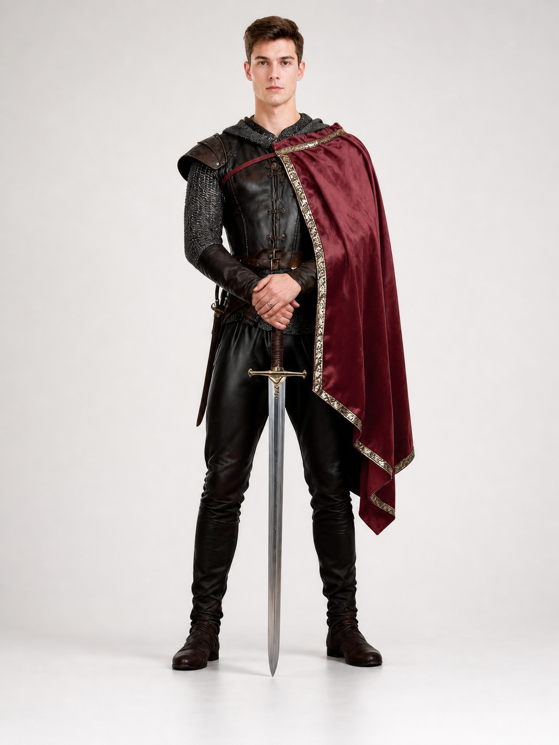 Burgundy velvet-look hooded costume cape product view 30