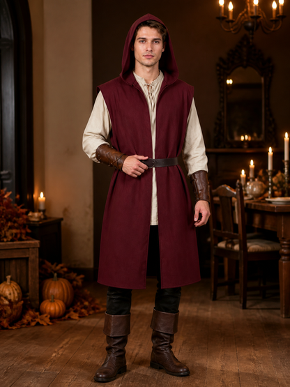 Adult Medieval Fantasy Hooded Cape, Wine Red Sleeveless Long Split-Hem Cloak on-model view 3