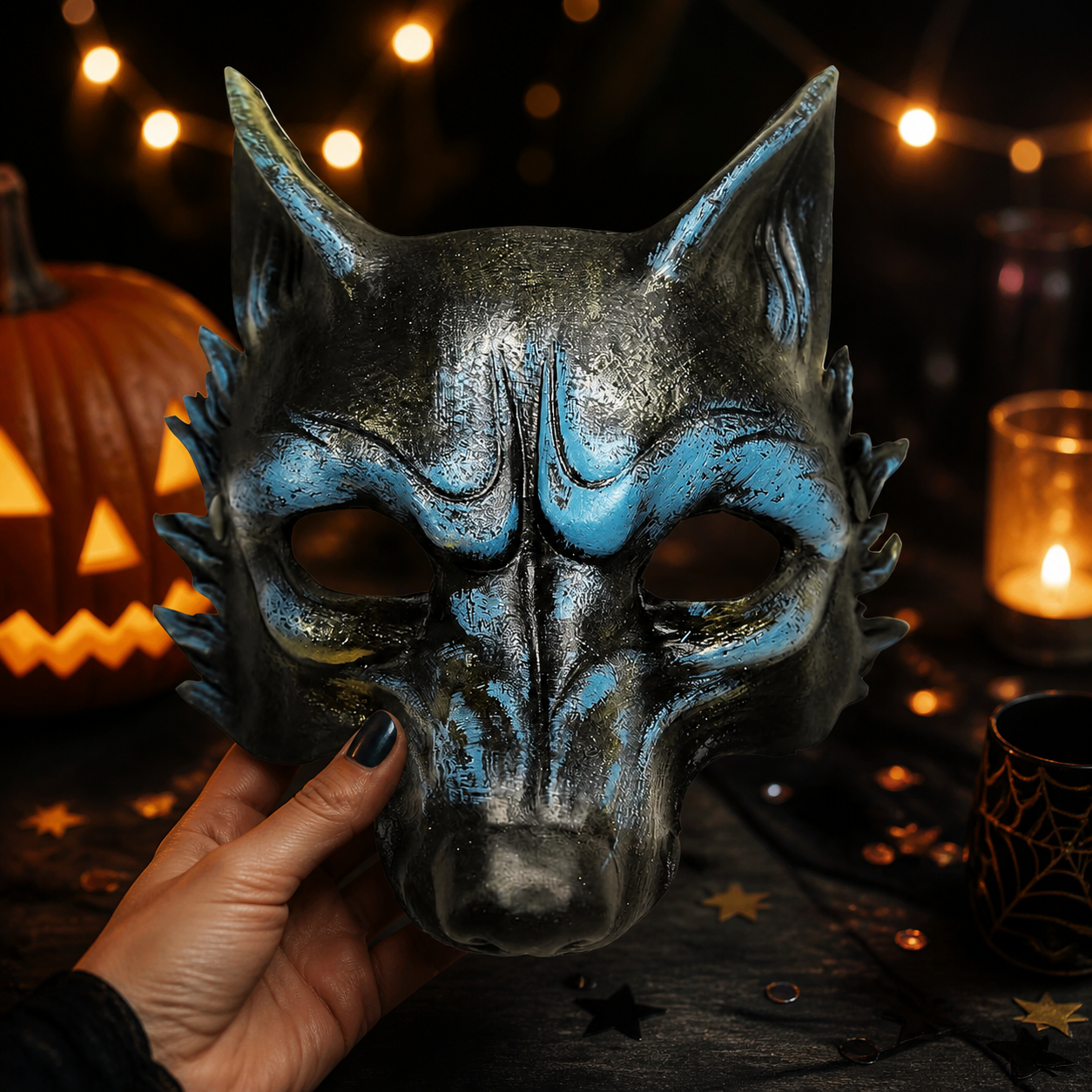1pc Halloween Wolf Mask, Full Face Werewolf Style with Pointed Ears for Cosplay Party