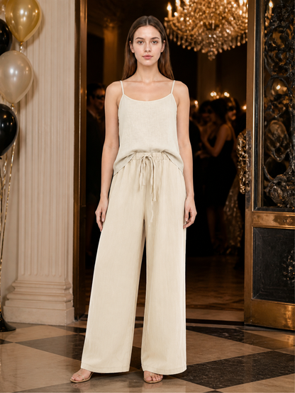 Beige Wide-Leg Pants with an Elastic Waistband and Drawstring on-model view