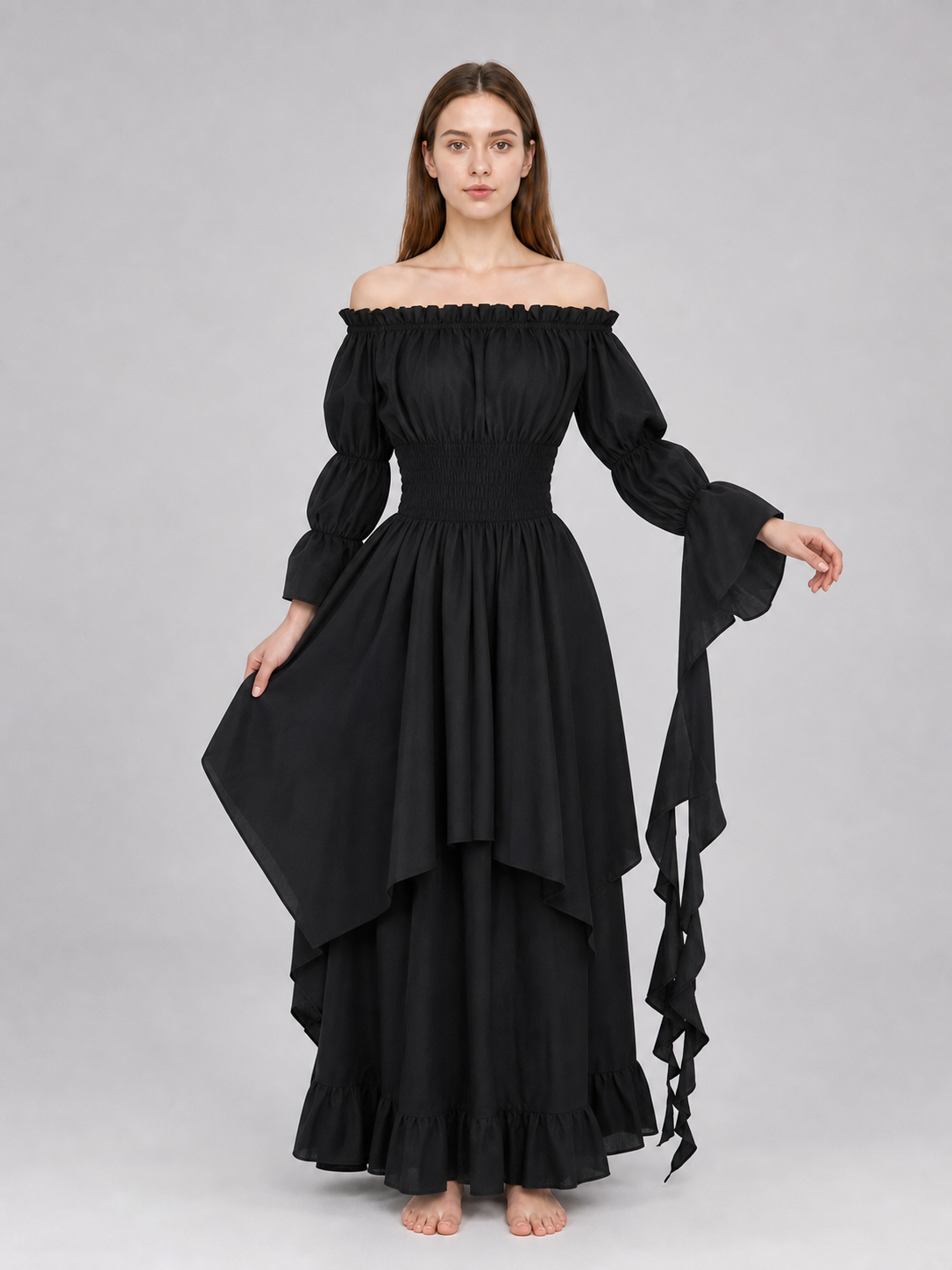 Black Off-the-Shoulder Maxi Dress with Ruffles