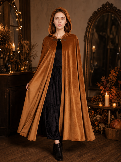 Halloween Medieval Warrior Hooded Cloak, Dark Brown Open Front Cape With Ring Clasp And Bow Strap For Cosplay Performance