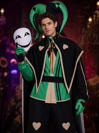 Close-up of the black and green jester clown costume: striped green bodice, black cape with heart appliques, belt and green gloves