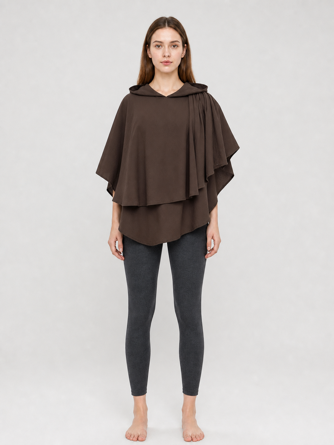 Women's Hooded Wanderer Cloak Costume with Layered Hem, Shoulder Draped Pleats