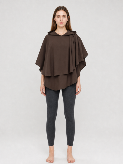 Women's Hooded Wanderer Cloak Costume with Layered Hem, Shoulder Draped Pleats