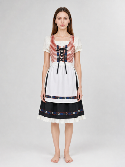 This traditional costume is designed in a vintage folk style and is suitable for creating a striking look for a costume party, themed event, holiday program, or cultural performance. The dress features a brown-and-white plaid pattern: this 