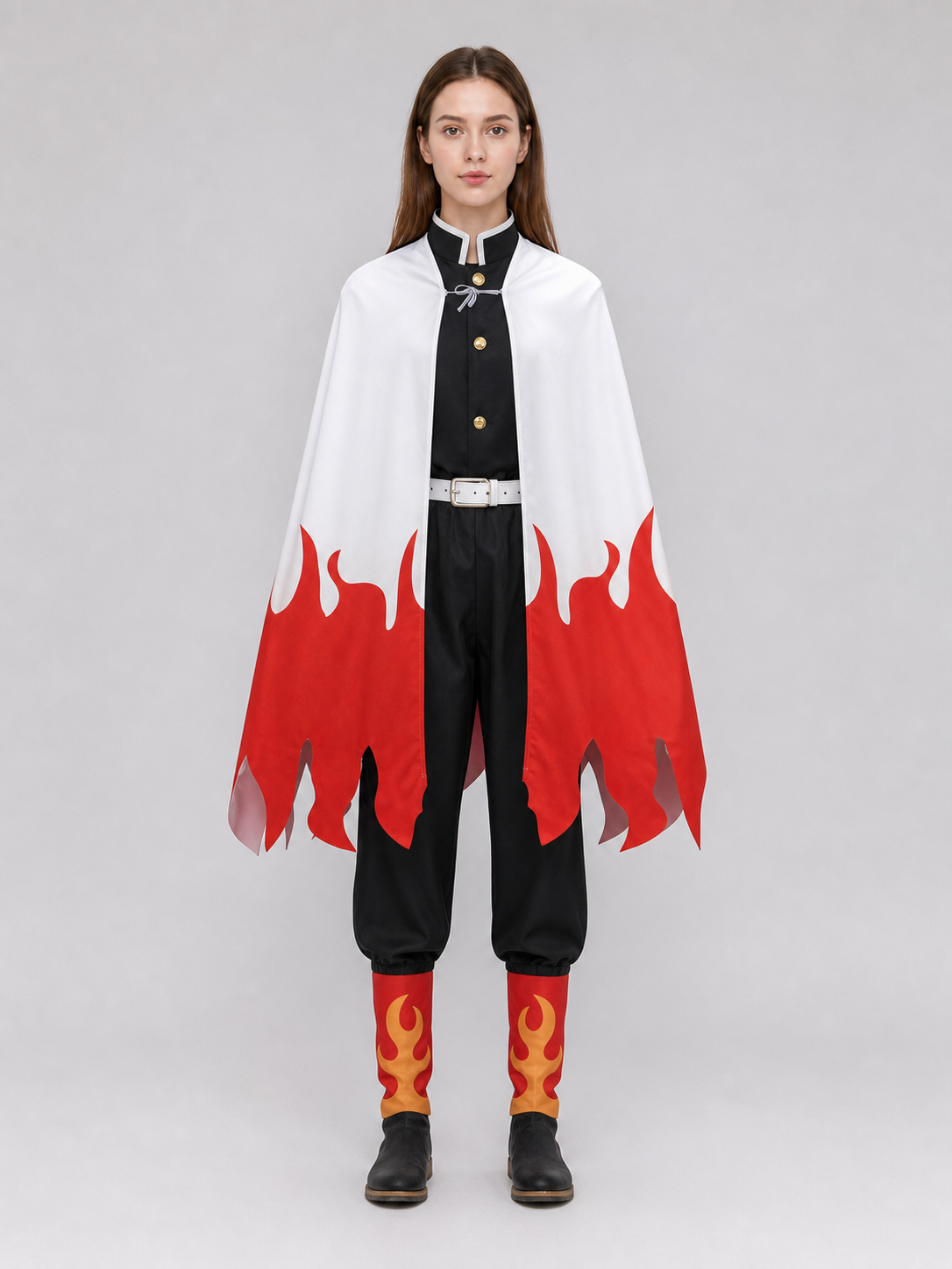 Anime cosplay costume with cape, belt, and leg warmers