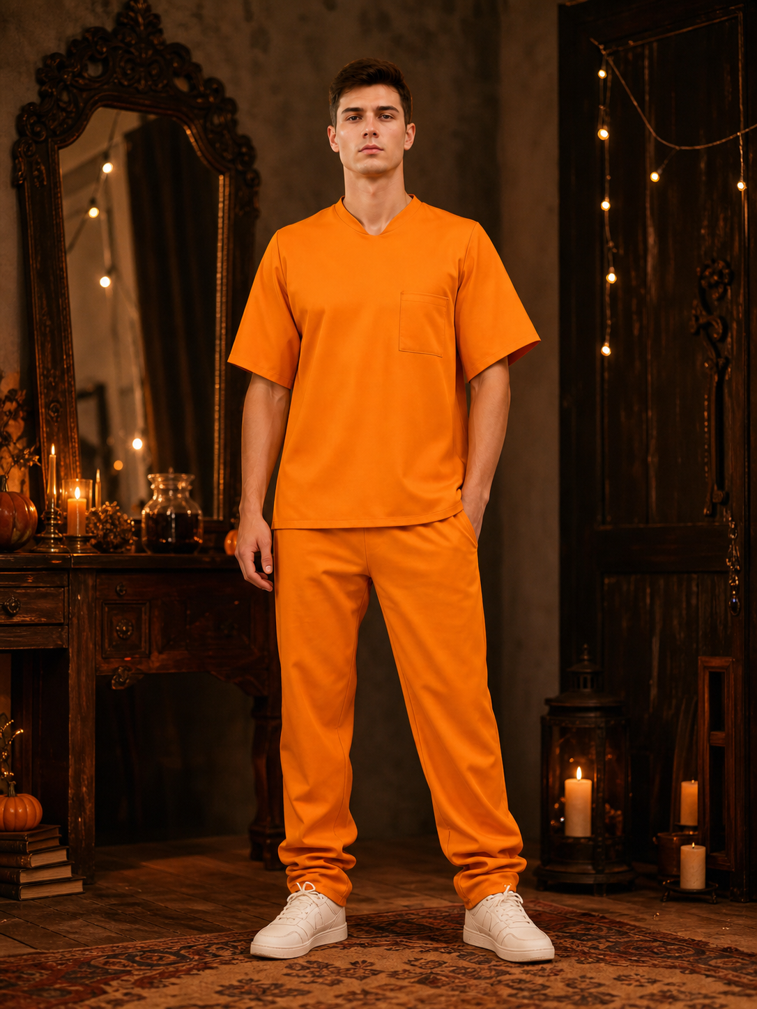 Men's Orange Prison Costume Two-Piece Set, Short-Sleeve Top With Chest Pocket And Matching Long Pants For Role Play