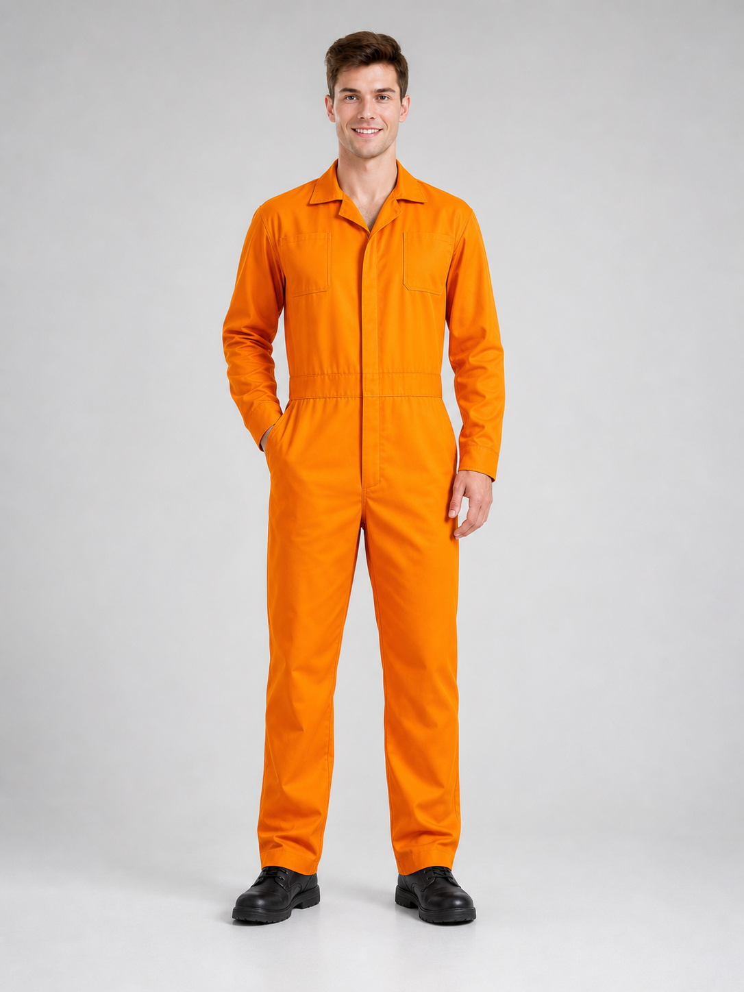 Orange Long-Sleeve Utility Jumpsuit