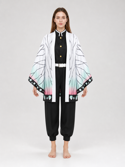 The set is designed in anime cosplay style and includes several pieces for creating a striking look. The main piece is a long white cloak with wide, loose-flowing sleeves. A graphic black pattern runs across the cloak, resembling branches o