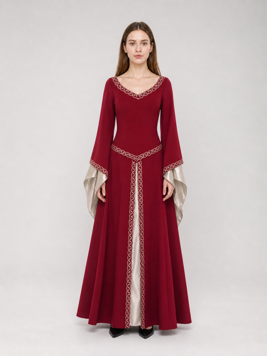 Floor-Length Dress with Long Sleeves and Decorative Trim