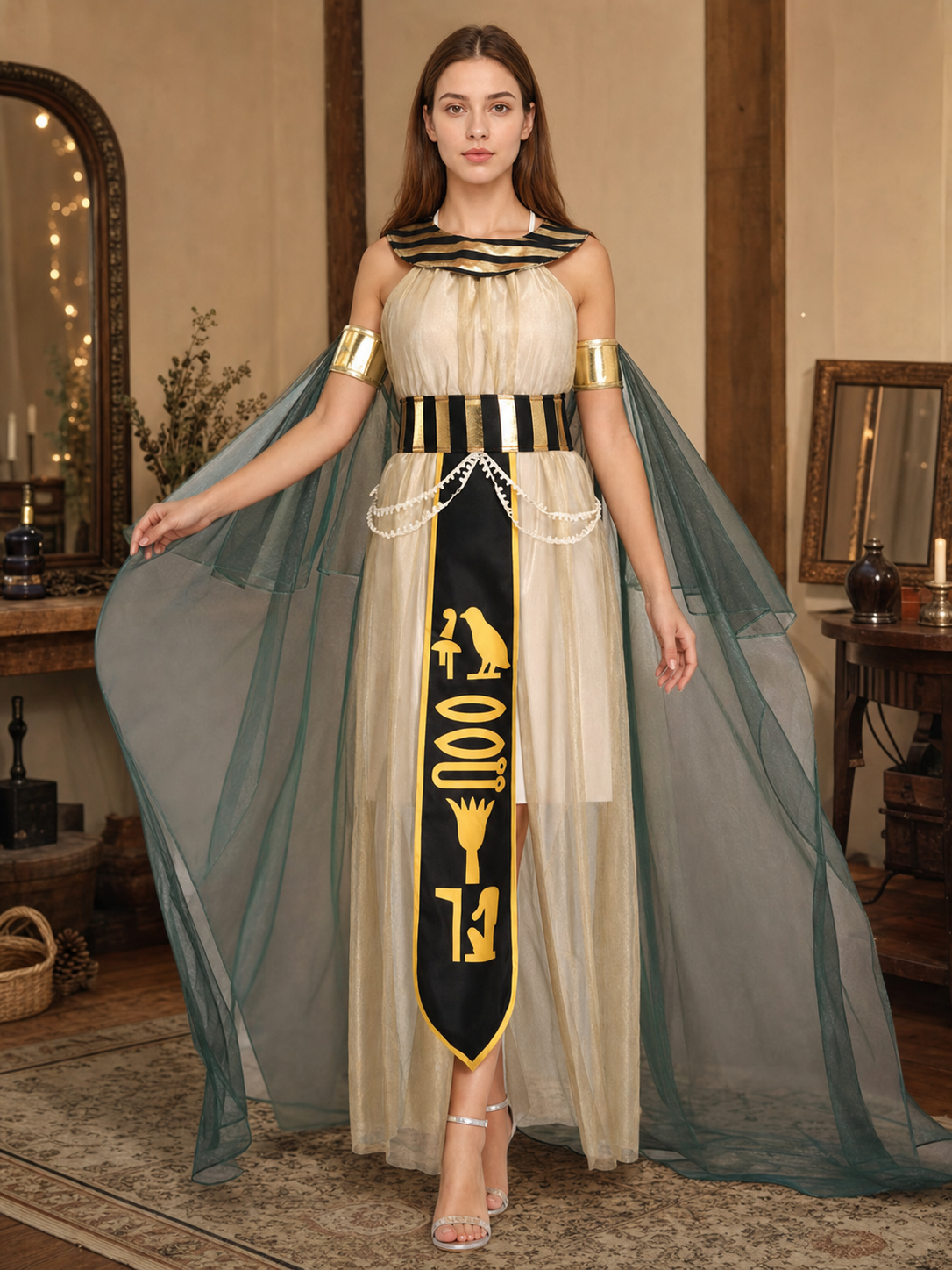 Women’s Egyptian Pharaoh Queen Halloween Cosplay Dress Set with Headpiece, Belt, Arm Accessories and Draped Sleeves for Stage Performance