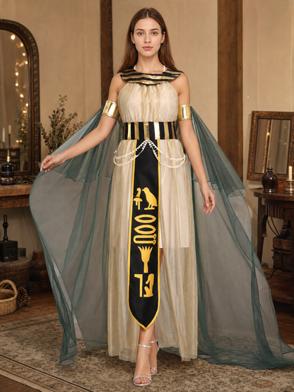 Women’s Egyptian Pharaoh Queen Halloween Cosplay Dress Set with Headpiece, Belt, Arm Accessories and Draped Sleeves for Stage Performance