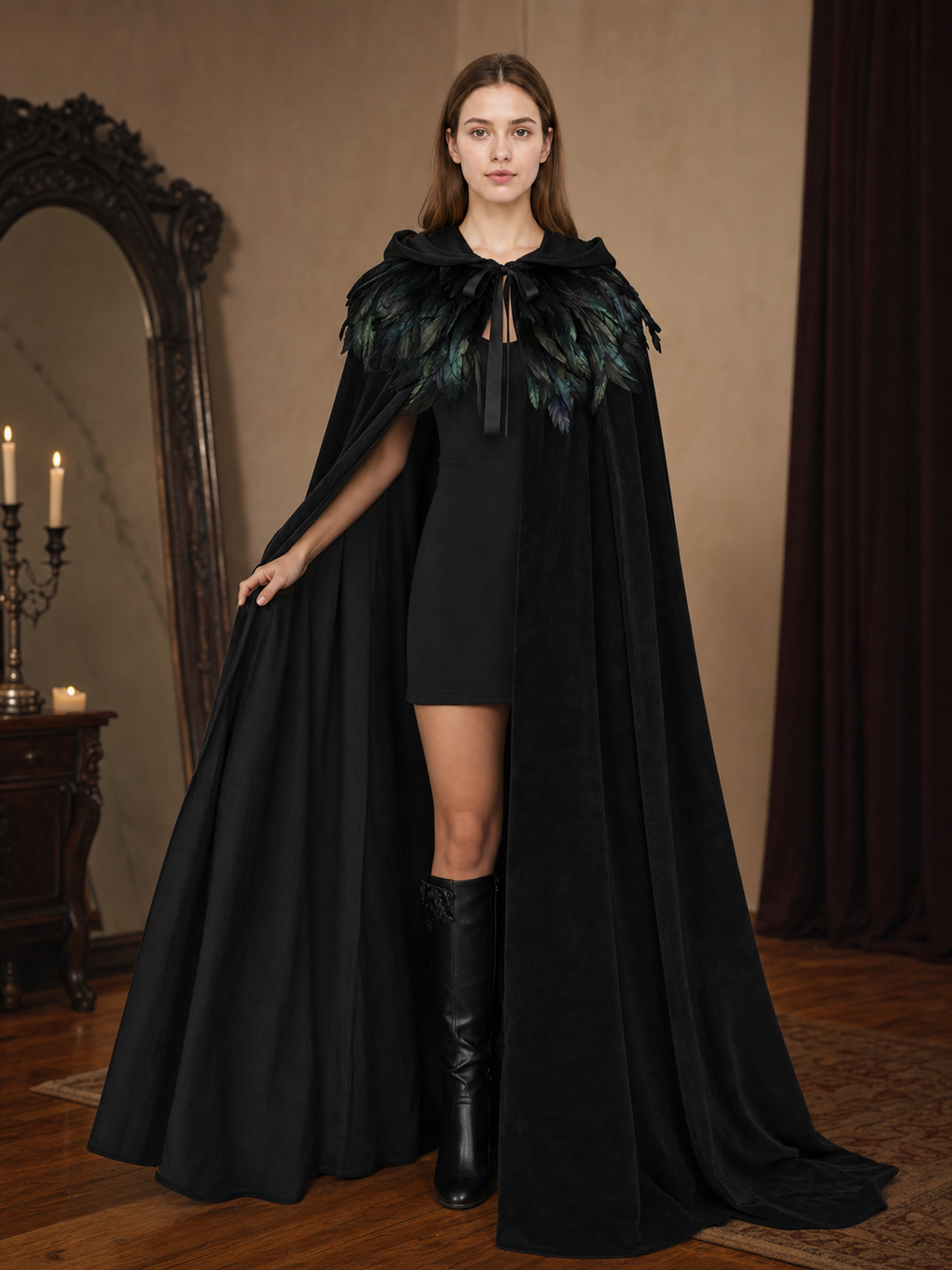 Black Velvet Hooded Cape with Feathers