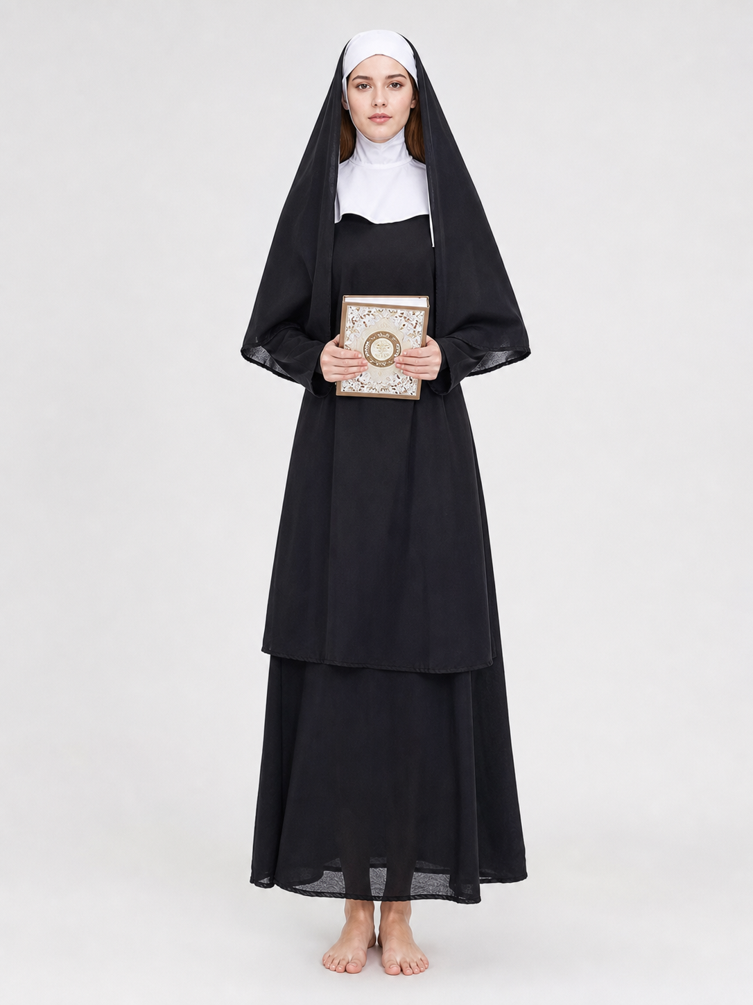 This nun costume is designed for a distinctive themed look and is suitable for costume parties, stage performances, themed events, Halloween, and other occasions when you want to add recognizable details to your outfit. The set comes in a c