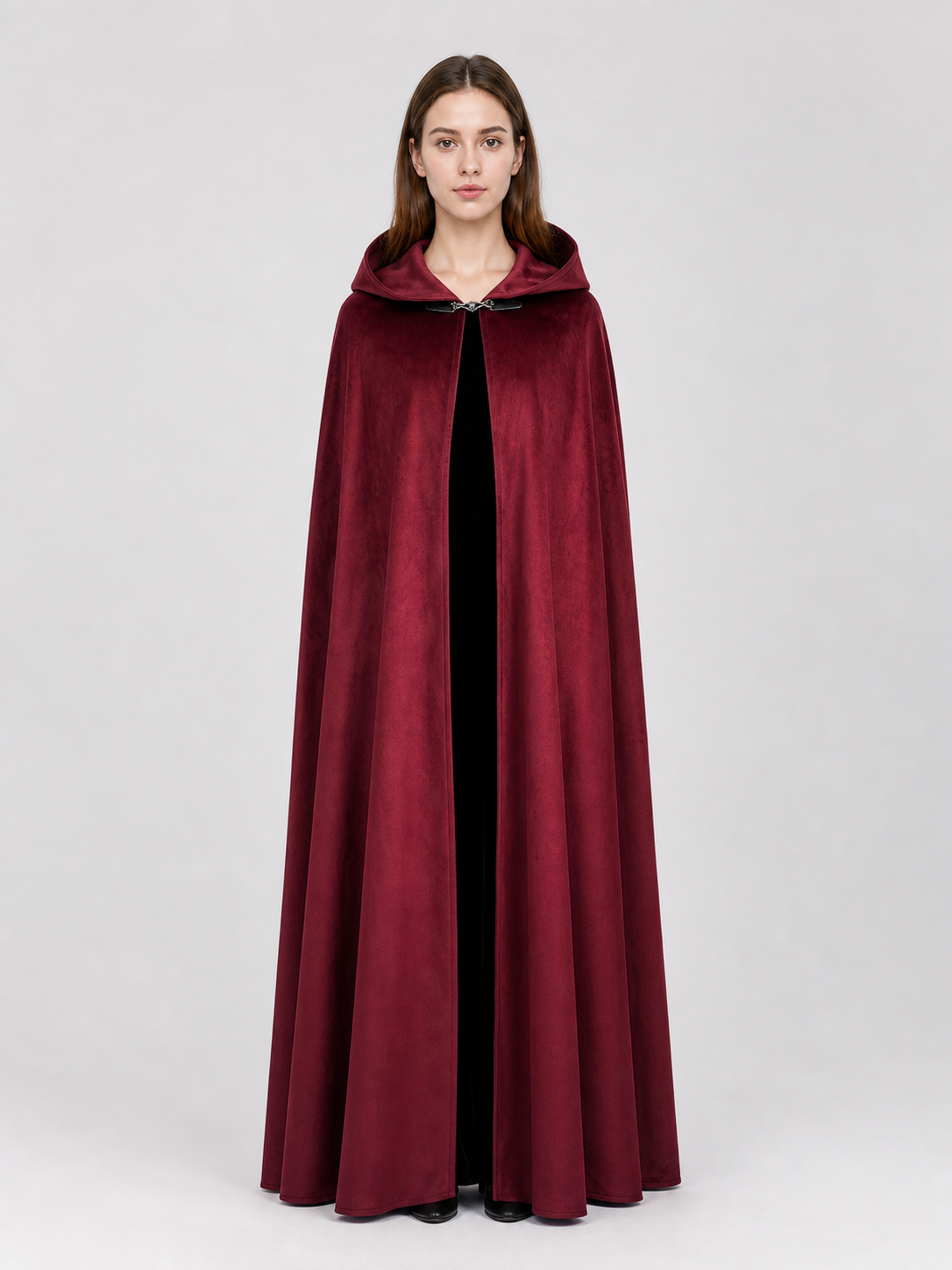 Long burgundy carnival cloak with hood