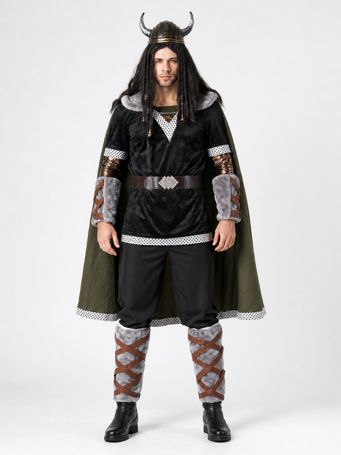 Viking Costume with Horned Helmet and Cape