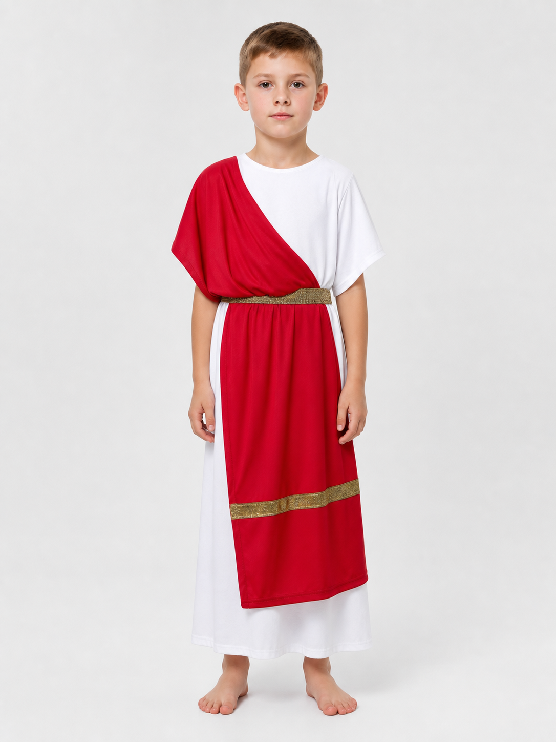 Ancient Greek Costume with Red and Gold Ribbons on-model view