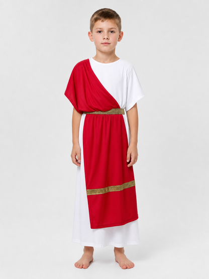 Ancient Greek Costume with Red and Gold Ribbons on-model view