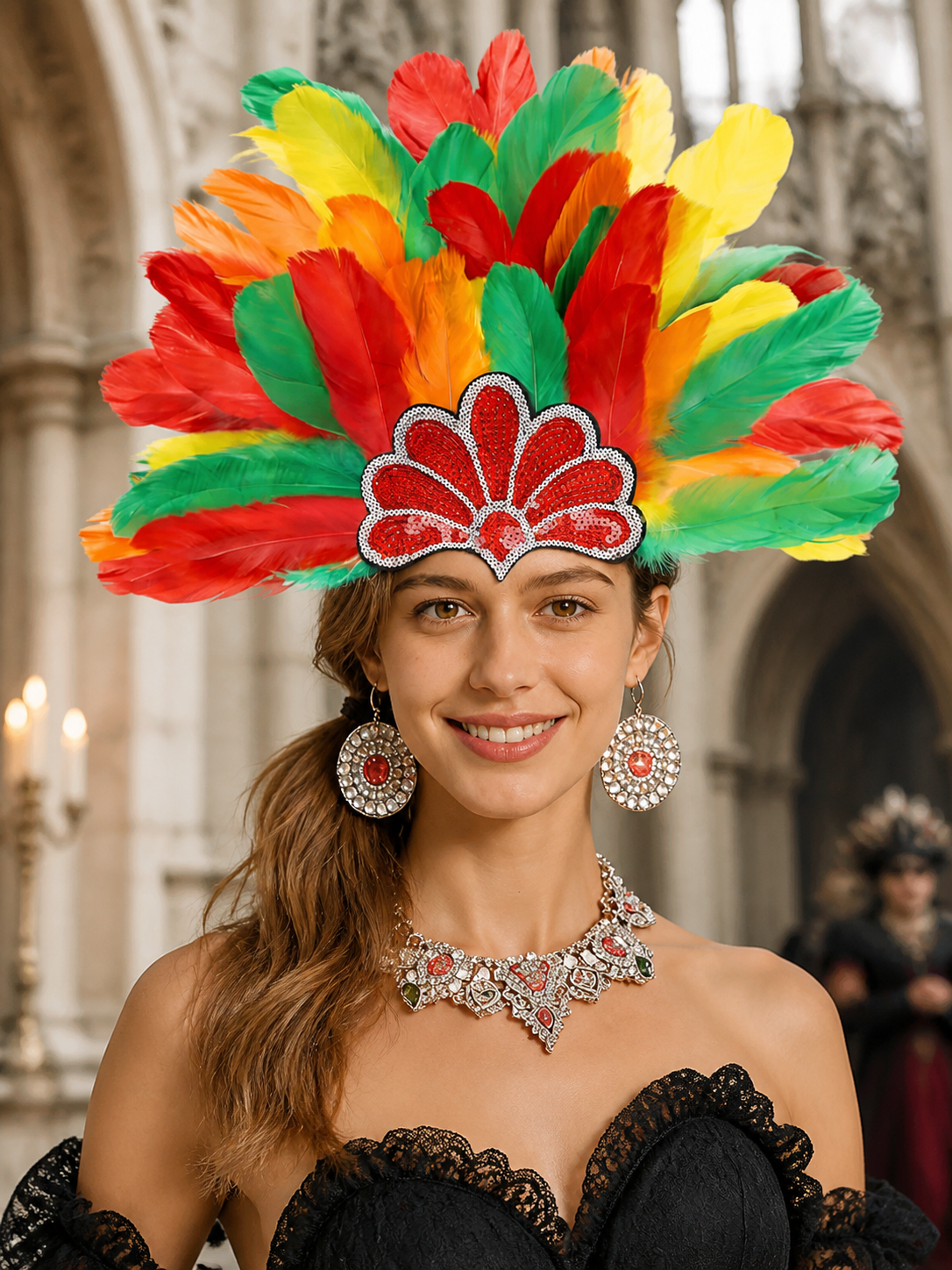 Carnival Headpiece with Multicolored Feathers on-model view 3