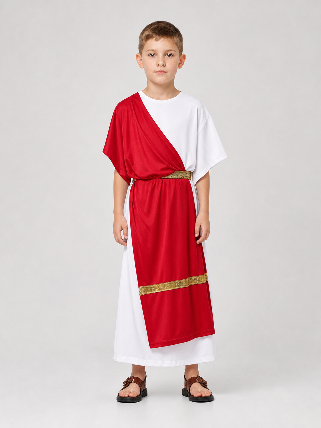 Ancient Greek Costume with Red and Gold Ribbons on-model view 2