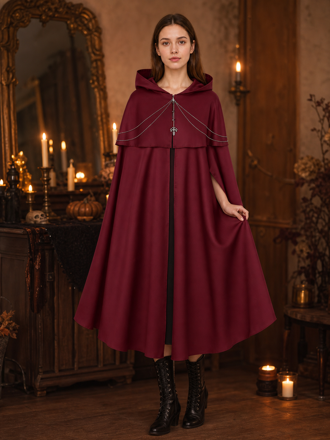 Gothic Hooded Cloak with Pendant for Cosplay
