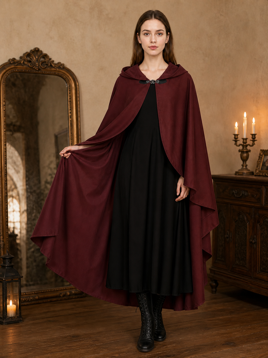 Burgundy Hooded Costume Cloak for Cosplay